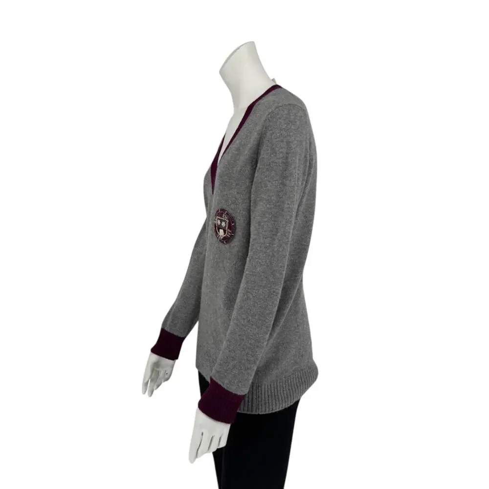 Chanel 2007A Grey and Purple Cashmere Beaded Crest Detail V Neck Sweater
